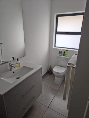 toilet, window and single sink
